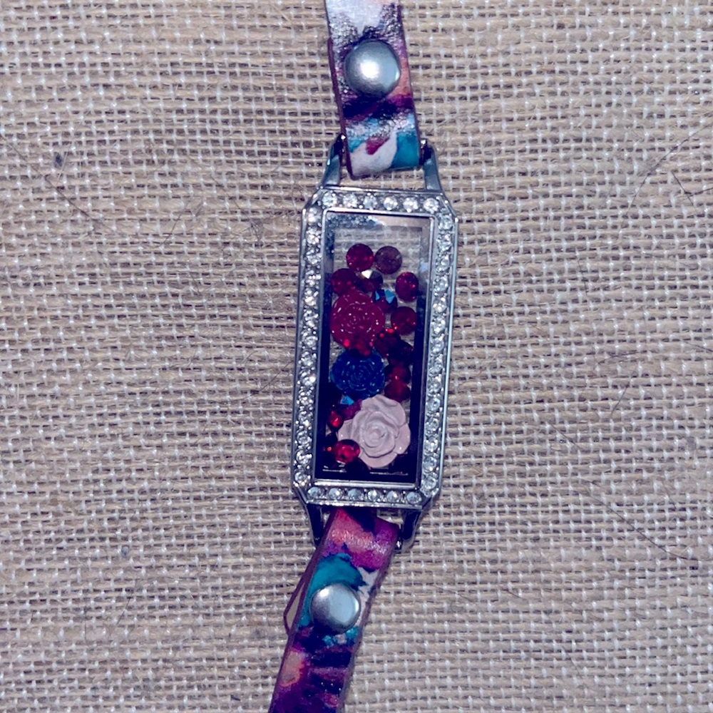 Origami Owl Floral Leather Bracelet Wrap/Silver Bar Rectangular Locket/charms - Picture 4 of 9